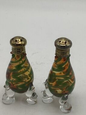 Vintage Handblown Green and Gold Swirl Glass Salt and Pepper Shakers
